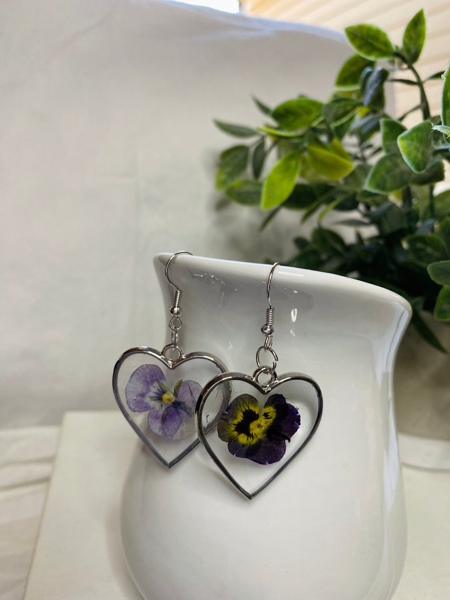 Handmade Pressed Purple Flower Heart Dangle Earrings