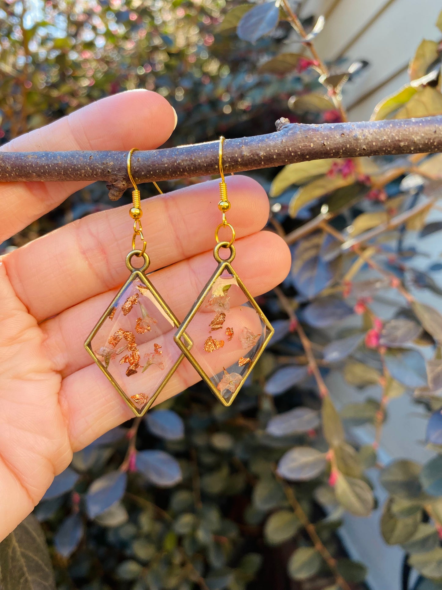 Handmade Pink & Gold Pressed Flower Resin Dangle Earrings