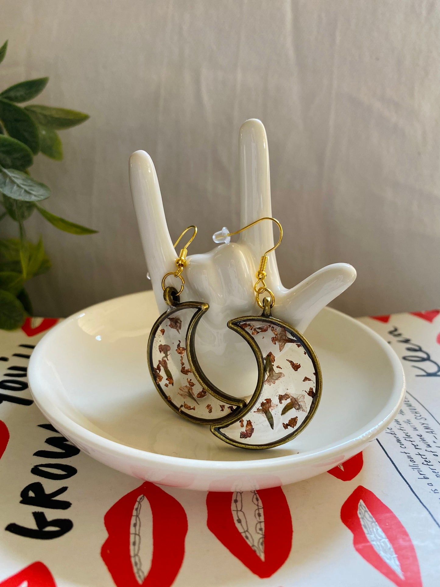 Handmade Pink & Gold Pressed Flower Resin Dangle Moon Earrings