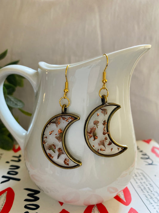 Handmade Pink & Gold Pressed Flower Resin Dangle Moon Earrings