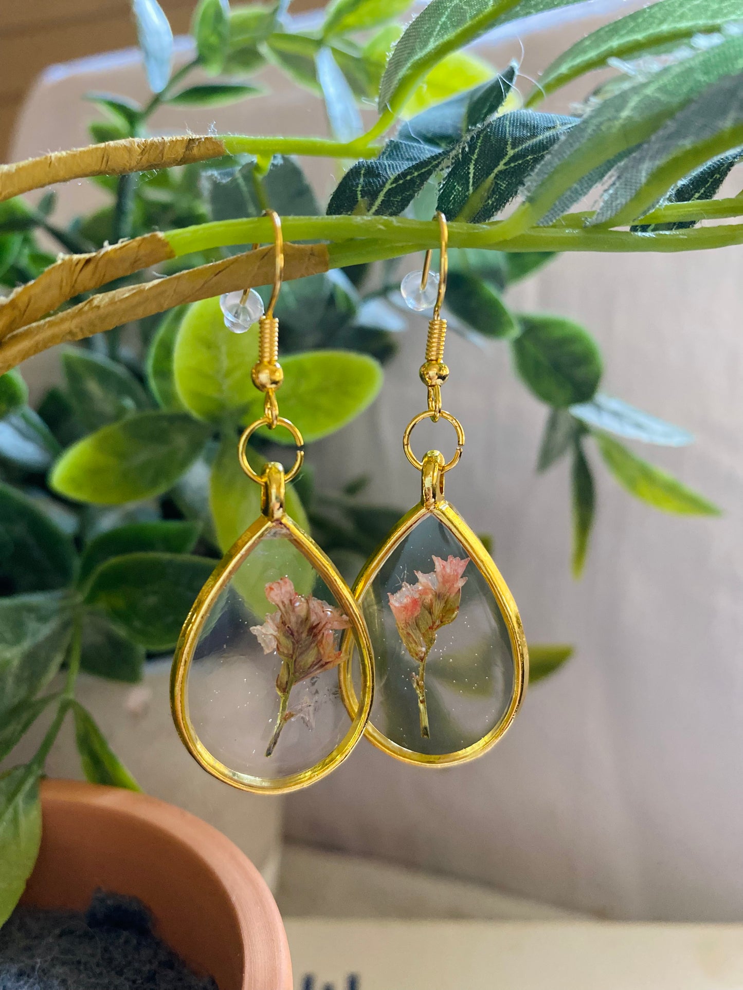 Handmade Pink Pressed Flower Resin Dangle Earrings