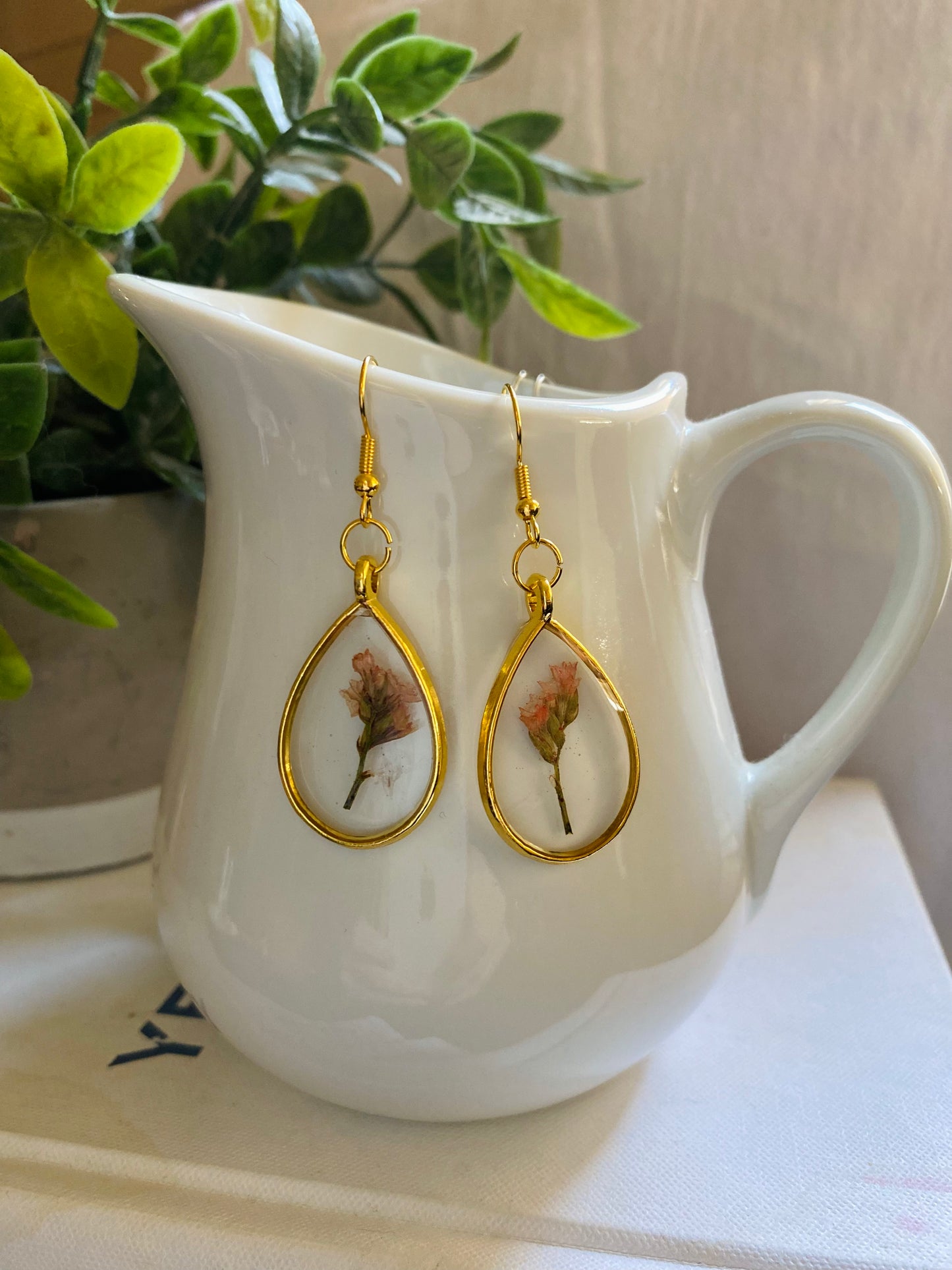 Handmade Pink Pressed Flower Resin Dangle Earrings