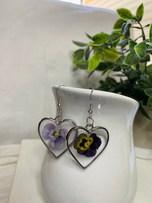 Handmade Pressed Purple Flower Heart Dangle Earrings