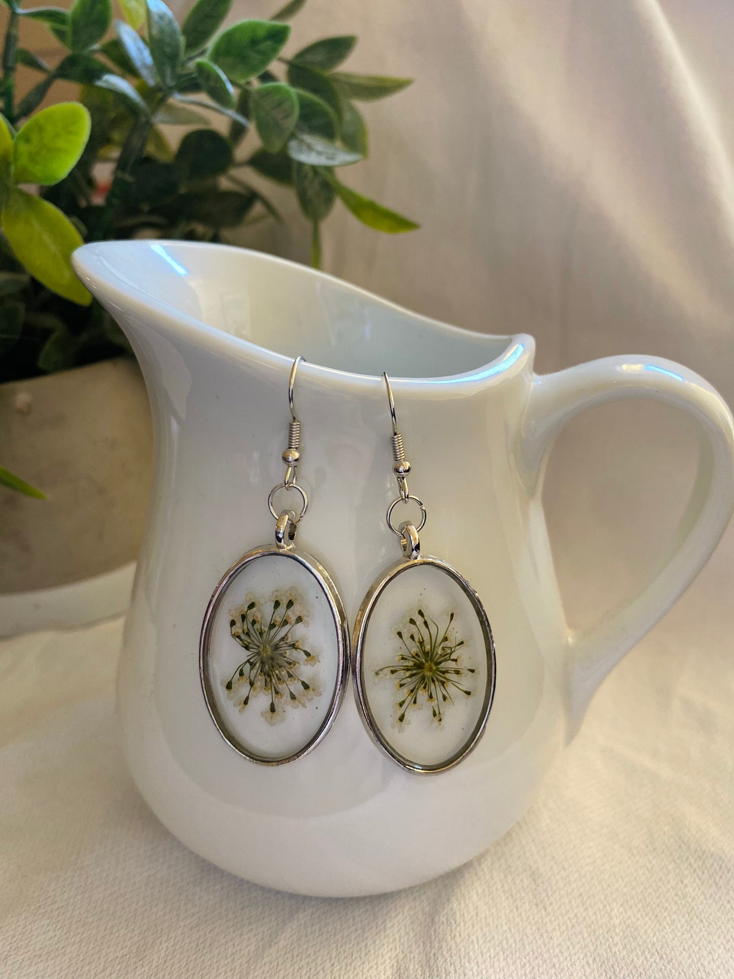 Handmade White Pressed Flower Resin Oval Dangle Earrings