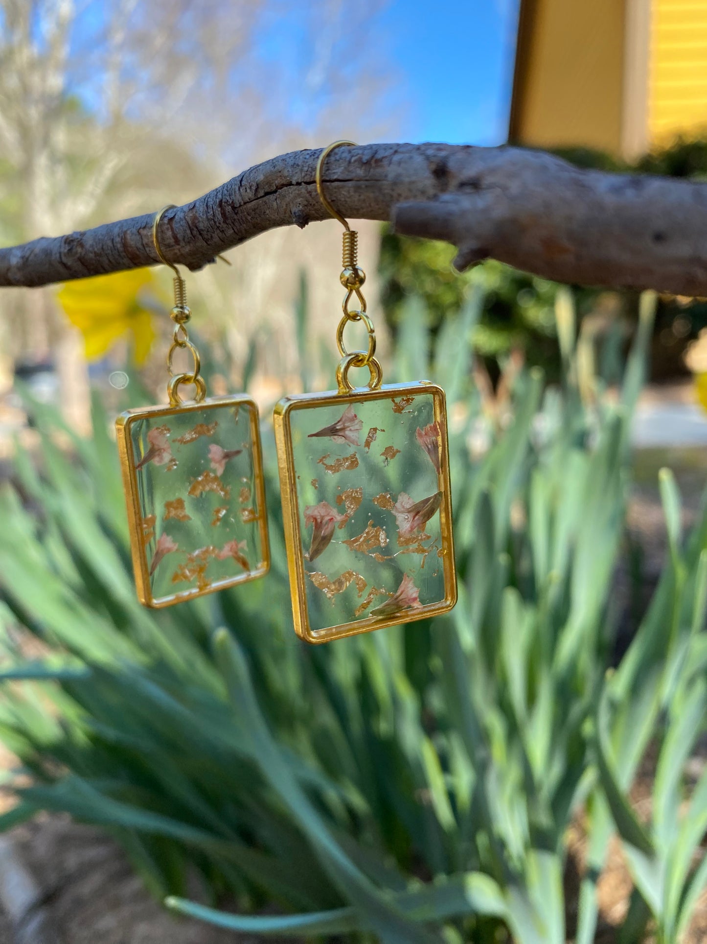 Handmade Pressed Flower Resin Square Dangle Earrings